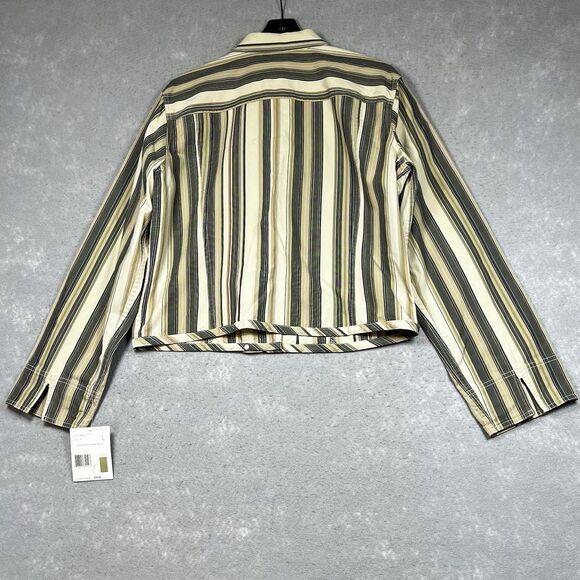 Liz Claiborne Striped Jean Jacket Large Beige Tan Gray Unlined Yoke Pockets - Picture 9 of 13